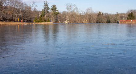 by the partially frozen lake on a cold sunny winter day