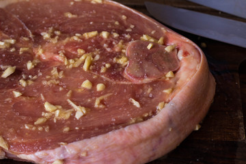 Brazilian barbecue consisting of ground rib, roasted with fruit wood, culinary ingredients, selective focus