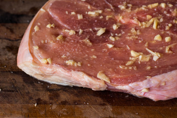 Brazilian barbecue consisting of ground rib, roasted with fruit wood, culinary ingredients, selective focus