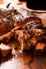 Brazilian barbecue consisting of ground rib, roasted with fruit wood, culinary ingredients, selective focus