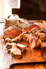Brazilian barbecue consisting of ground rib, roasted with fruit wood, culinary ingredients, selective focus