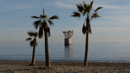 Palmeras con el mar y  torre de fondo en la playa del cable marbella