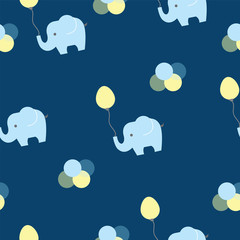 seamless pattern with elephants and ballons - blue theme  