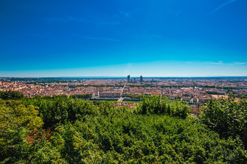 Obraz premium Lyon panorama elevated view on sunny day. Aerial panoramic view of Lyon with the skyline.