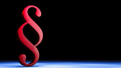 Obraz premium 3d render of red Paragraph symbol on dark background and blue floor. Justice, court and legal advice concept