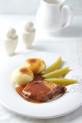 Fried Pork Steak with potato dumplings. Bright background.