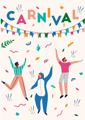 Postcard with dancing people in bright clothes. Card for carnival in Brazil. Abstract memphis background. Concept of festival, party.Design element for banner, poster, card. Flat vector illustration