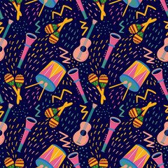 Seamless pattern with musical instruments: drum, guitar, trumpet and maracas. Abstract memphis background. Concept of carnival, party. Design element for banner, poster, card. Flat vector illustration