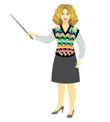 fashionably dressed business lady. cheerful teacher with a pointer in his hand. cute young girl in beautiful sleeveless jacket. female instructor. lady in skirt