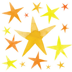 Isolated watercolor illustration of yellow and orange ink stars set
