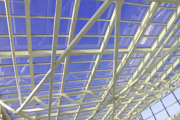 Architecture, white beams, ceilings, glass roof, blue sky
