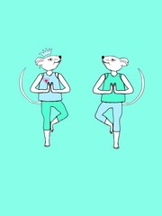 Set of yoga mice on a turquoise background - fantasy character. Symbol of 2020. Color drawing of a yoga mouse (rat), Mint - 2020 color. Seamless pattern for printing on fabric, wrapping paper, greetin