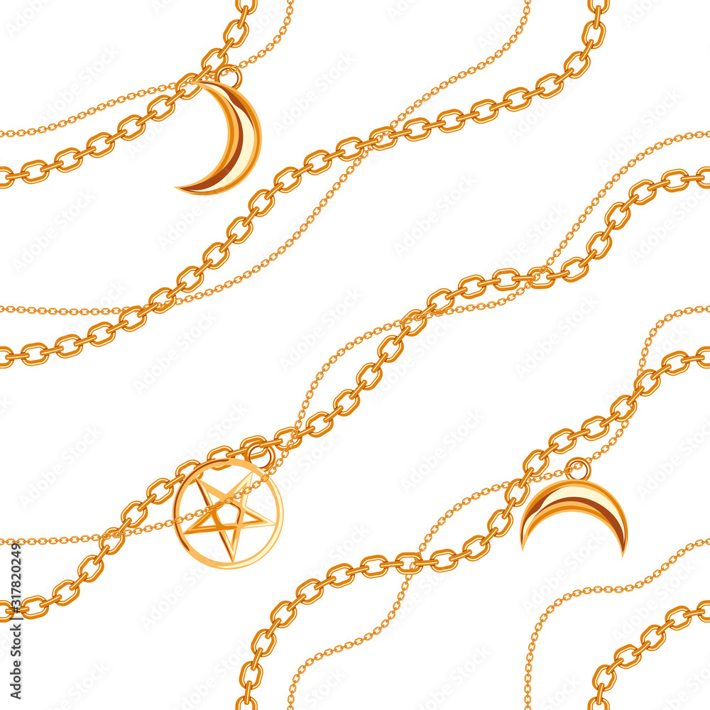 Wall mural Seamless pattern background with pentagram and moon pendants on golden metallic chain. On white. Vector illustration