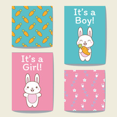 Announcement cards set. Its a Girl or a Boy designs and patterns. Vector illustration