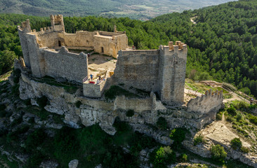 Fototapeta na wymiar Aerial panorama view of Alcala de Xivert (Alcalá de Chivert) medieval Templar knight castle ruins in Valencia province Spain