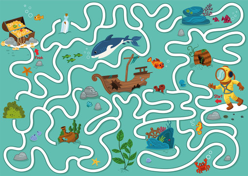 Help the diver to reach the treasure chest. Maze game for kids. Vector illustration.