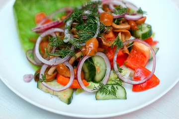 Classic salad with mushrooms and onions. Salad on a white plate.