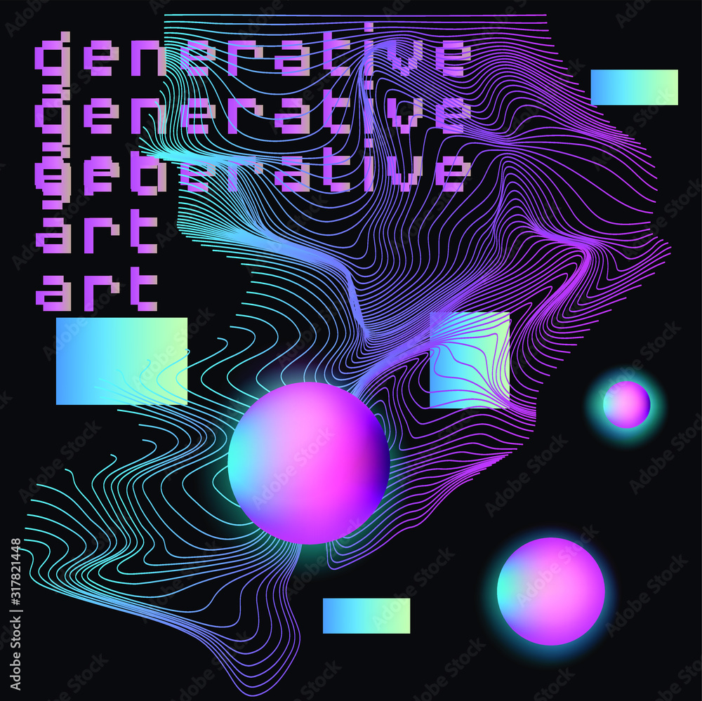 Poster Abstract background with generative art elements.  Futuristic and glitched shapes in cyberpunk style.