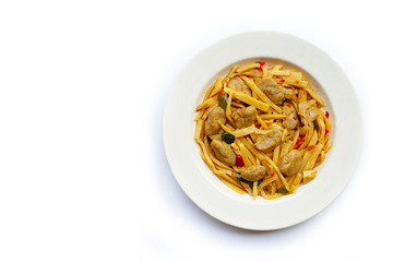 Spicy preserved bamboo shoot stir fried recipe with fish ball on white background.