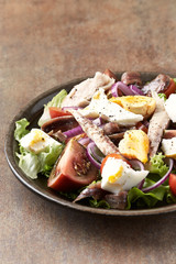 Salad with hard-boiled eggs, tomatoes, lettuce, red onion and mackerel on rustic background.