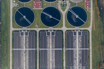 Aerial drone photography of a sewage treatment plant in Poland, Europe.