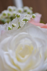 a bloomed white rose takes up the foreground while small bloomed stems stand up behind it in a floral arrangement