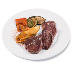 A beef sirloin dish on a white background