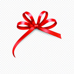 Realistic red bow and ribbon isolated on transparent background. Template for brochure or greeting card.