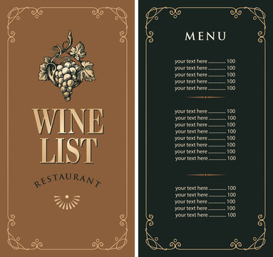 Vector Wine list with hand-drawn bunch of grapes and price list. Wine menu for restaurant or cafe in retro style in frame with curls.