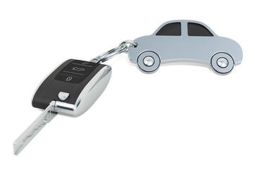 Car key with car shape metal keychain. 3D rendering