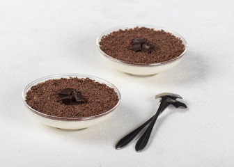 Vanilla Panna cotta, Italian dessert creamy jelly with chocolate chips and chocolate pieces on a light background, tiramisu