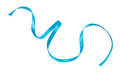 Blue ribbon curl isolated on white background. Blue bright bow and curl from silk ribbon isolated...