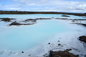 Geothermal water with milky blue shade water due to high silica contents in Iceland