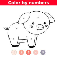 Coloring page with numbers. Cartoon kawaii character - funny pig. Farm animals. Educational game for preschool children.