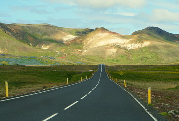 Beautiful scenic view of the road and the mountains near Route 42 and Ring Road in Iceland