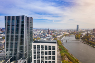 Frankfurt am Main Germany aerial view towards the city from the main river. 10.12.2019 Frankfurt am Main Germany.