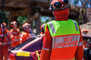 Melbourne, Victoria/Australia- November 11 2018: Rescuers conduct an dissection of a car and remove...