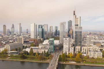 Obraz premium Frankfurt am Main Germany aerial view towards the city from the main river. 10.12.2019 Frankfurt am Main Germany.