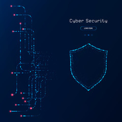Cyber secutiry concept. Futuristic web banner. Glowing neon shield