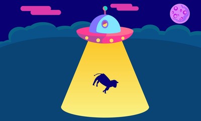 Alien abduction in rural landscape. UFO kidnapping cow at night. Dark sky with bright moon vector.