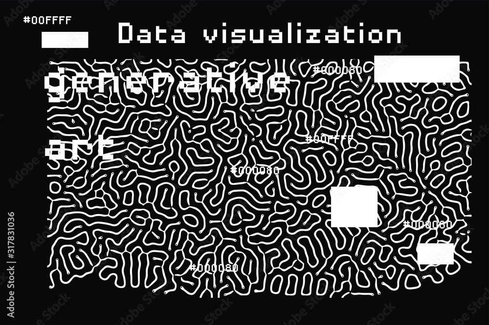 Poster Abstract black and white background with generative art elements.  Futuristic and glitched shapes in cyberpunk style.