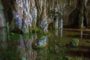 Stalagmites and colomns standing in the cave's lake with moss and seaweeds lit by sunlight. Yarrangobilly Caves, Kosciuszko National Park, NSW, Australia.