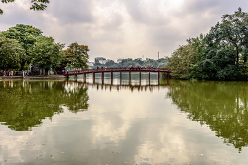 The Huc Bridge Rising Sun Bridge Leading to Ngoc Son Temple Temple of the Jade Mountain in Hoan Kiem Lake Sword Lake 
