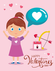 happy valentines day card with cute girl and decoration