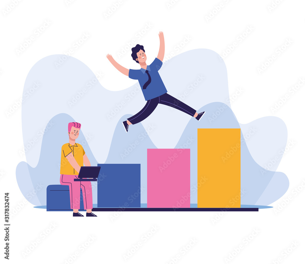 Poster happy man and man using a laptop on chart bar graph