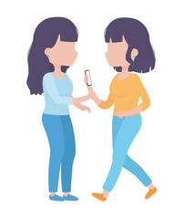 young women with smartphone together character
