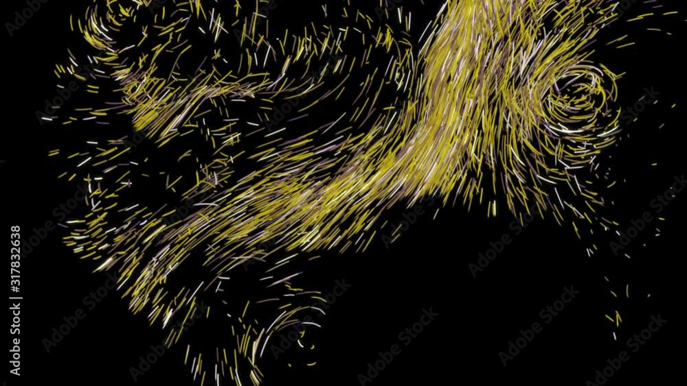 Poster beautiful abstraction of multicolored particles rotating in vortex on the black background. animatio