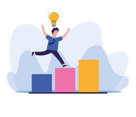 man with bulb on chart bar graph, colorful design