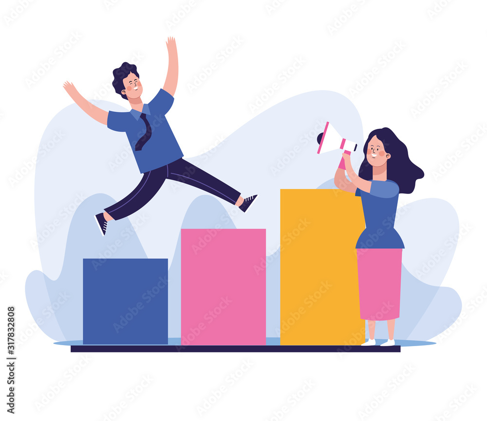 Poster woman using a megaphone and man running on chart bar graph