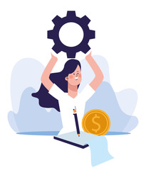 Happy woman holding up a gear wheel and money coin, colorful design